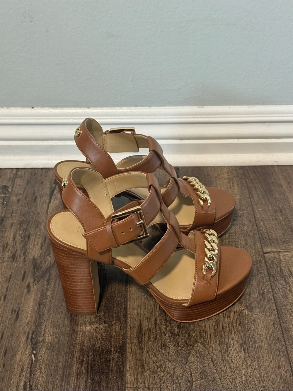 Michael Kors Brown Platform Block Heel Sandals with Gold Chain